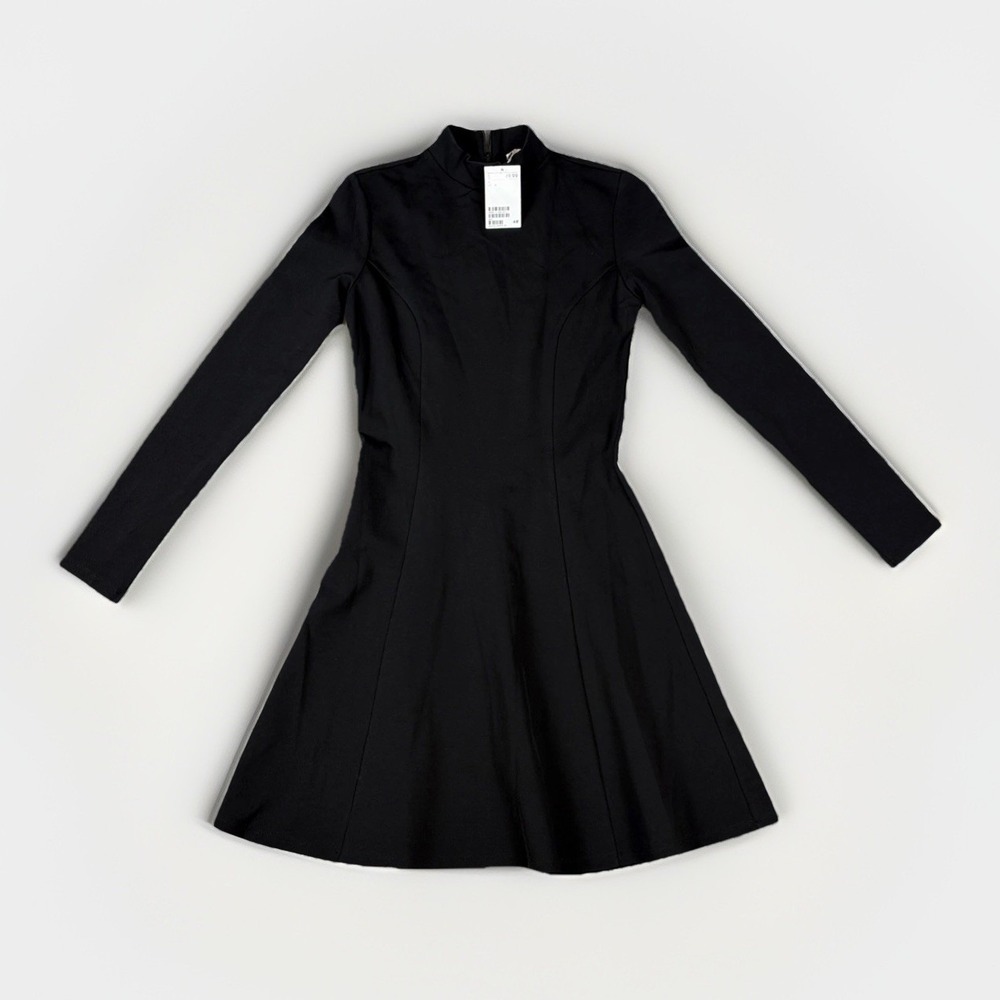 H&M Skater Mini Dress Womens 6 Black Long Sleeve Mock Neck‎ Ponte Knit NWT